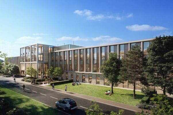A CGI depiction of a modern and highly energy-efficient life sciences building, known as ‘Ascent’, at ARC Oxford campus in Cowley.